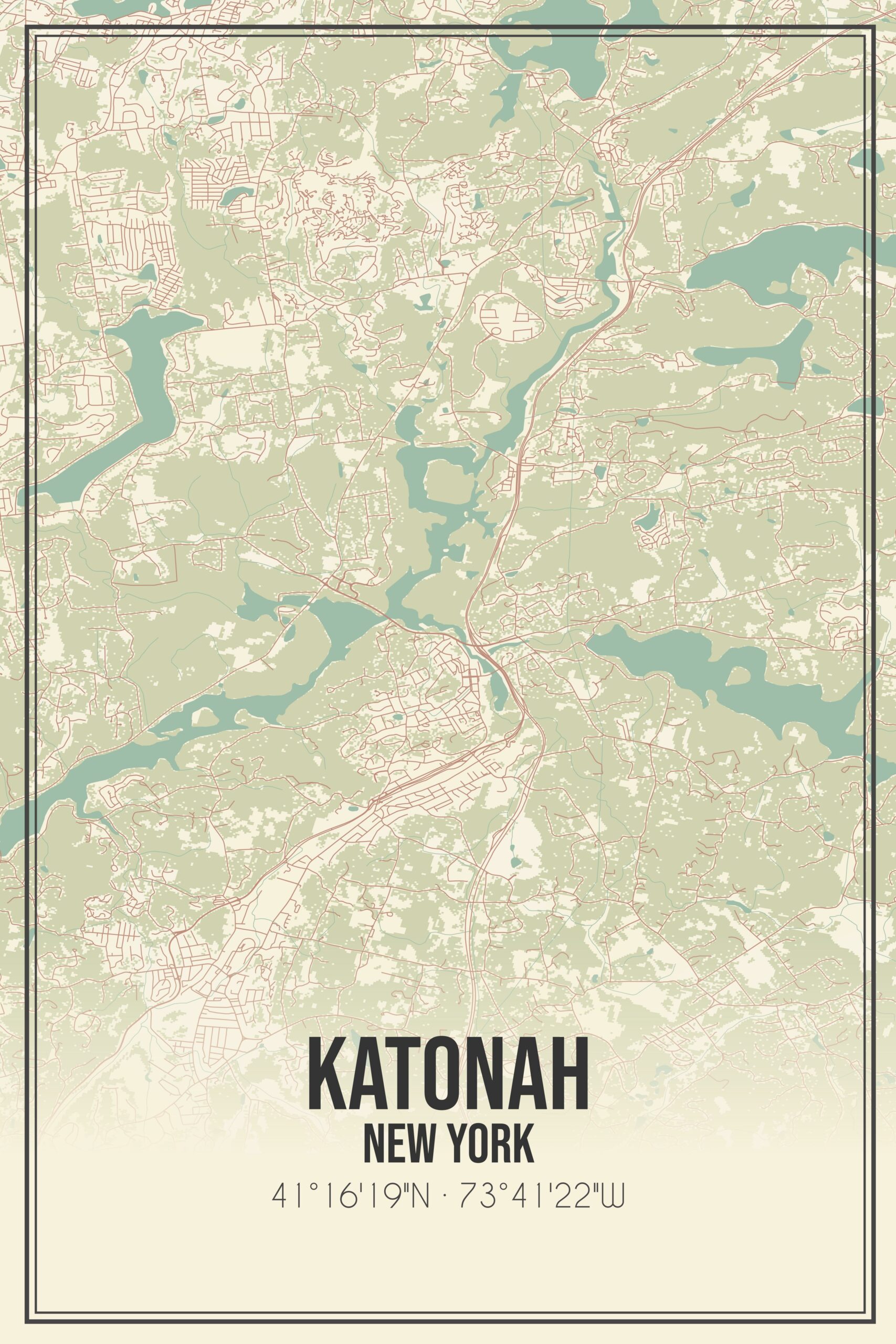 Stylized vintage map of Katonah, New York, with geographic coordinates.