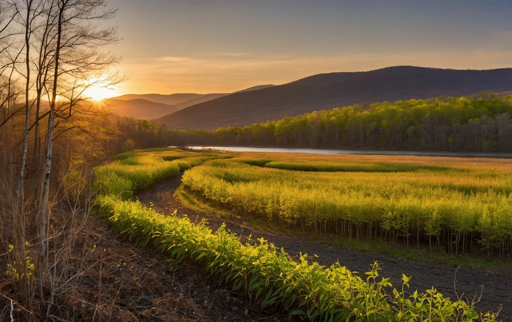 Idyllic spring getaway at Hudson Valley Luxury Resorts featuring lush greenery, colorful flowers, and peaceful surroundings.