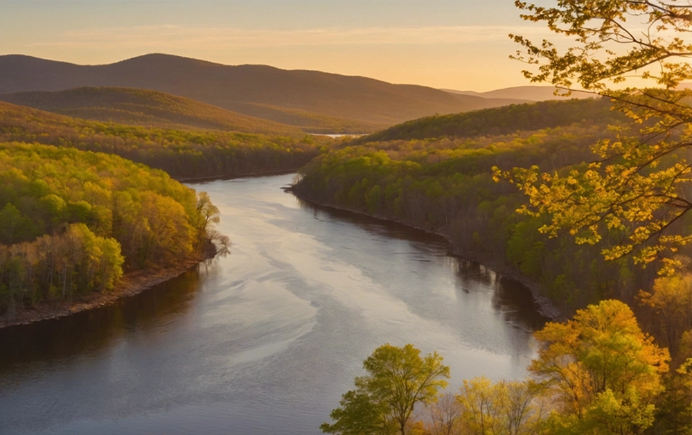 Stunning spring river view at Hudson Valley Luxury Resorts with vibrant greenery and serene water reflections.