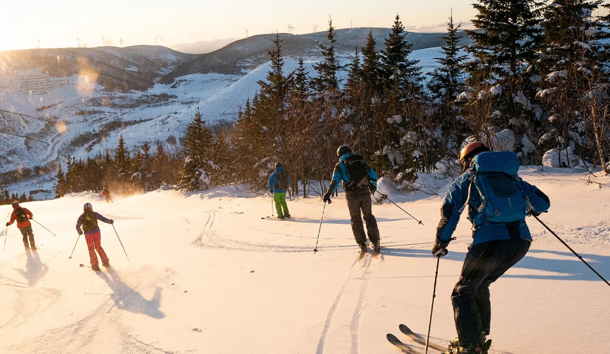 Skiers going down a snowy hill during sunset.