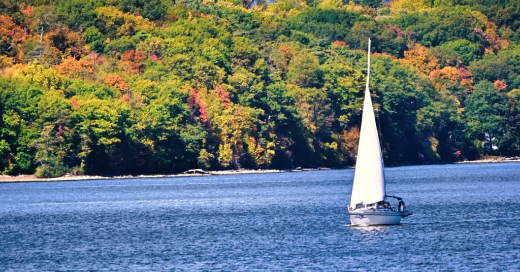 White sailboat with tall mast sailing on deep blue Hudson River waters with dense shoreline of fall foliage in greens, oranges, reds, and yellows filling the background