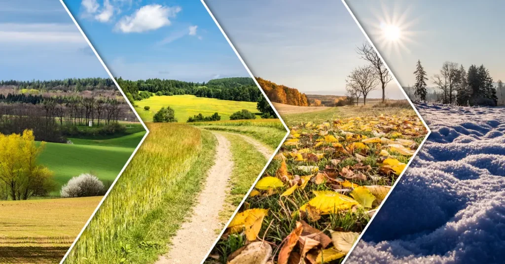 Four-panel diagonal collage showing Hudson Valley countryside through all seasons: spring with budding trees and green meadows, summer with dirt path through golden fields, autumn with fallen yellow leaves, and winter with snow-covered frost and evergreens under bright sun