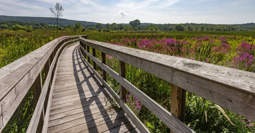 Curved wooden boardwalk with railings winding through wetland meadow filled with purple loosestrife wildflowers and tall grasses under blue summer sky with distant hills