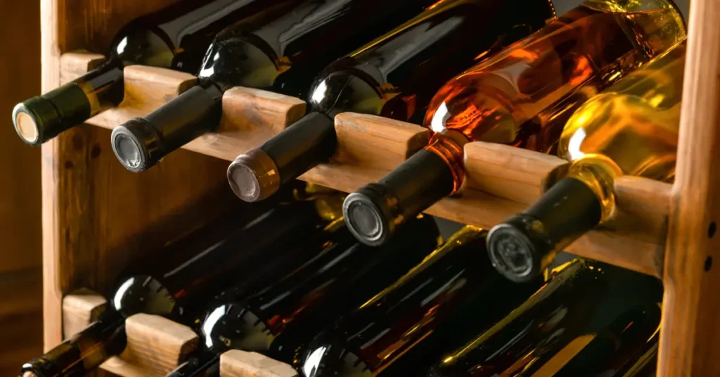Close-up of wine bottles stored horizontally in rustic wooden rack featuring red wines in dark glass bottles on lower rows with rosé and white wines in amber and clear glass on top