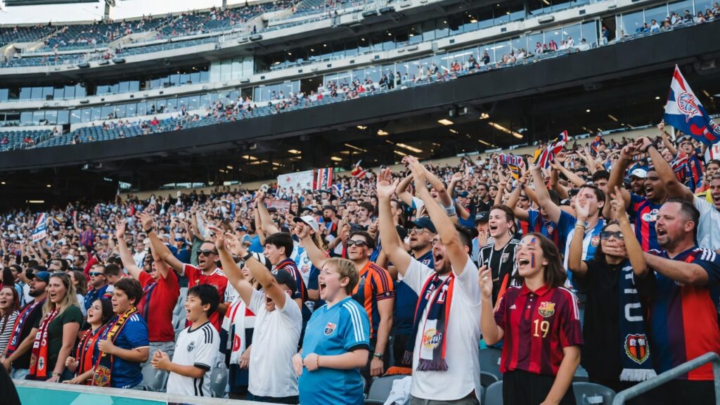 Soccer fans cheering in stadium during international football match – FIFA World Cup 2026 atmosphere at MetLife Stadium
