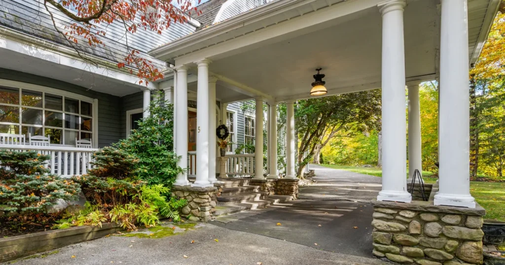Sunny day front entrance view of Trinity wedding and event venue at Hudson Valley Luxury Resorts New York