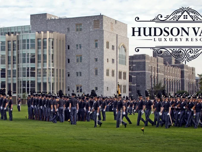 Historic West Point campus overlooking Hudson River with fall foliage Hudson Valley
