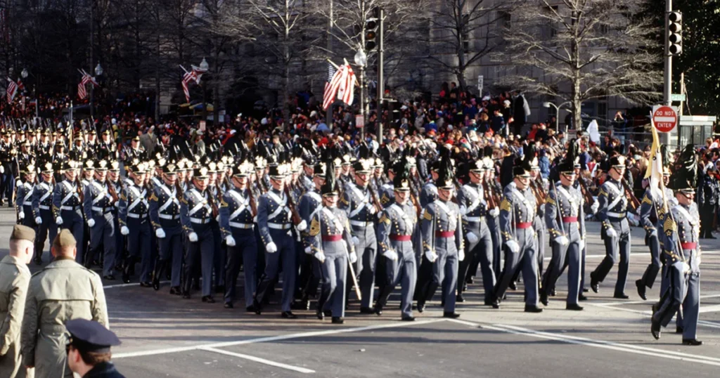 Army cadets marching in parade formation at West Point during family weekend