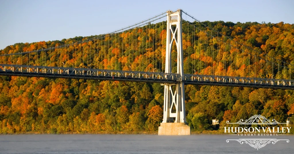 Fall foliage along Hudson River near Sleepy Hollow and Tarrytown with historic estates