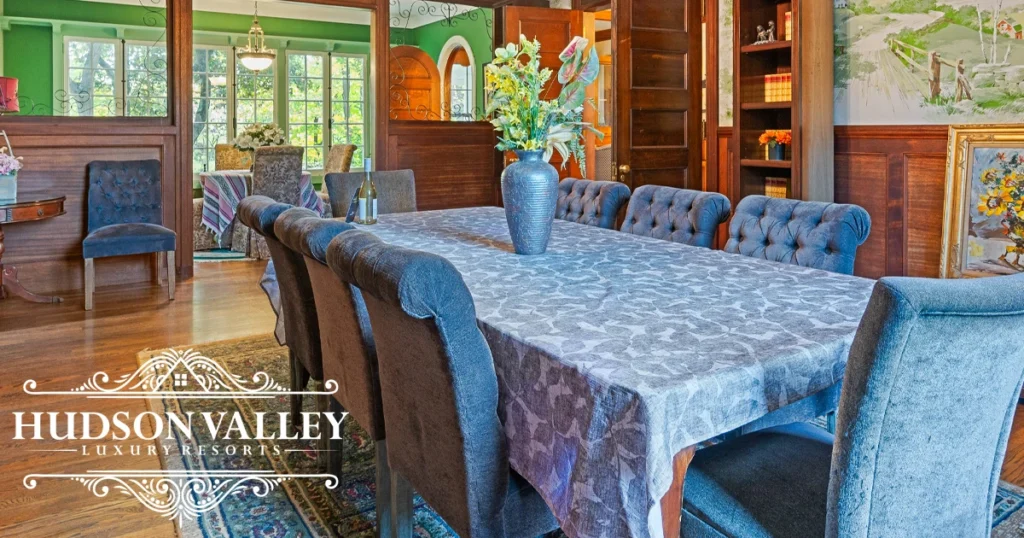 Luxury estate interior living space configured for corporate meeting Hudson Valley