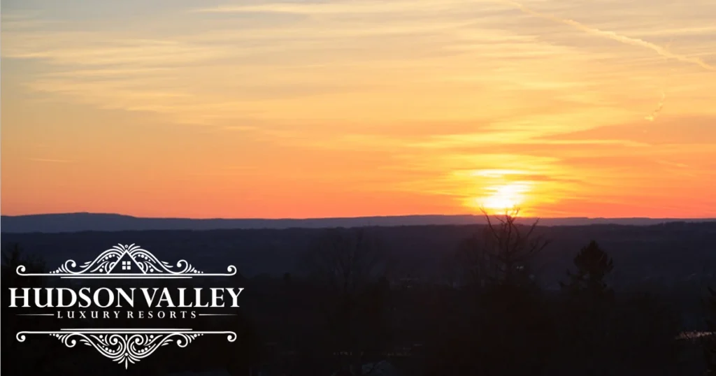 Group of professionals at luxury estate retreat in Hudson Valley sunset